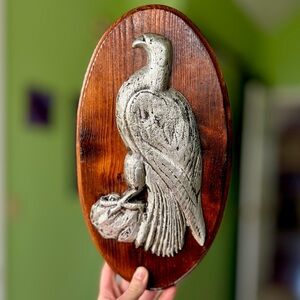 VTG Rustic Silver Bird Engraved Etched On Wood Plaque Wall Decor Art